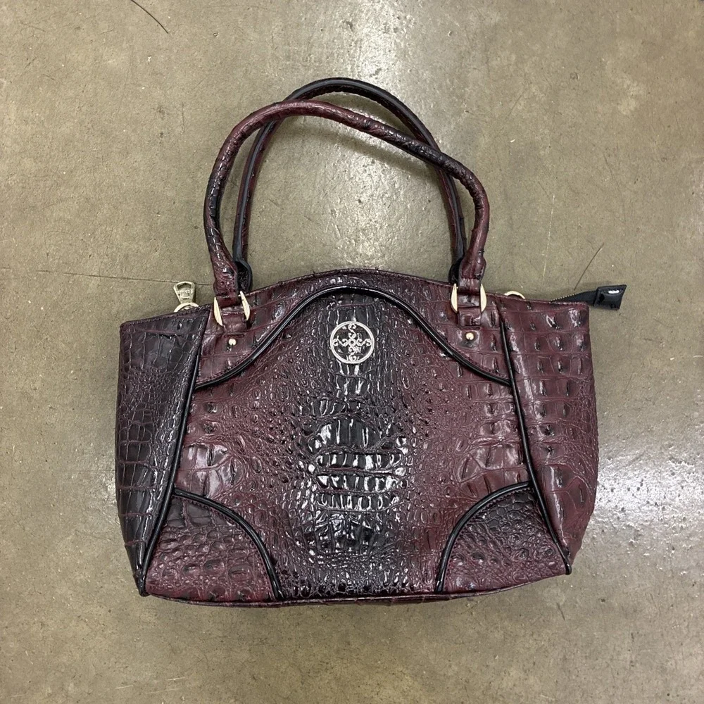 Stauer Burgundy Deep Red Croc Embossed Satchel Purse Handbag Faux Leather